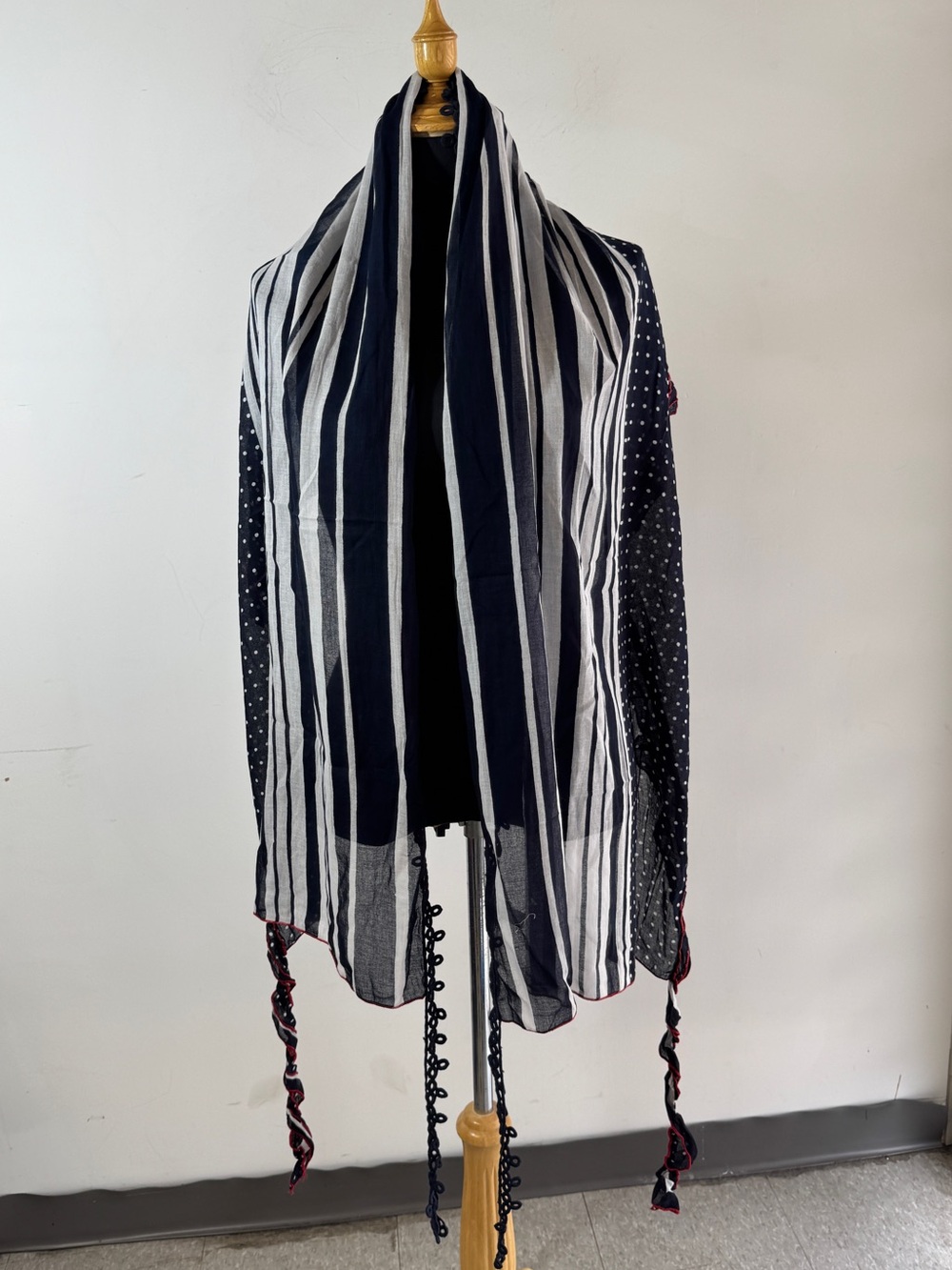 Crisca Escada  Navy Stripe Polka Dot Scarf Sheer Lightweight Wrap Shawl Tassel
